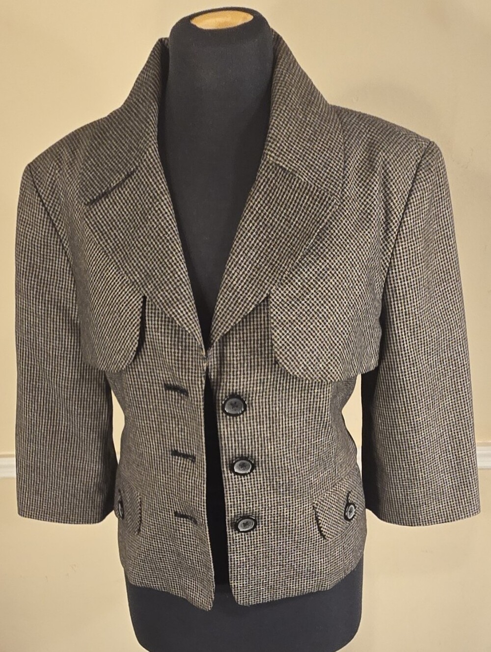 Vtg 90s Larry Levine Structured Tweed Blazer Crop Jacket Patterned Academic 12